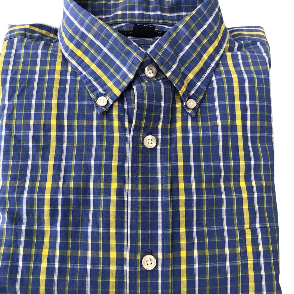 Lands' End Mens Plaid Button Down Long Sleeve Shirt‎ Blue Yellow White Patterned